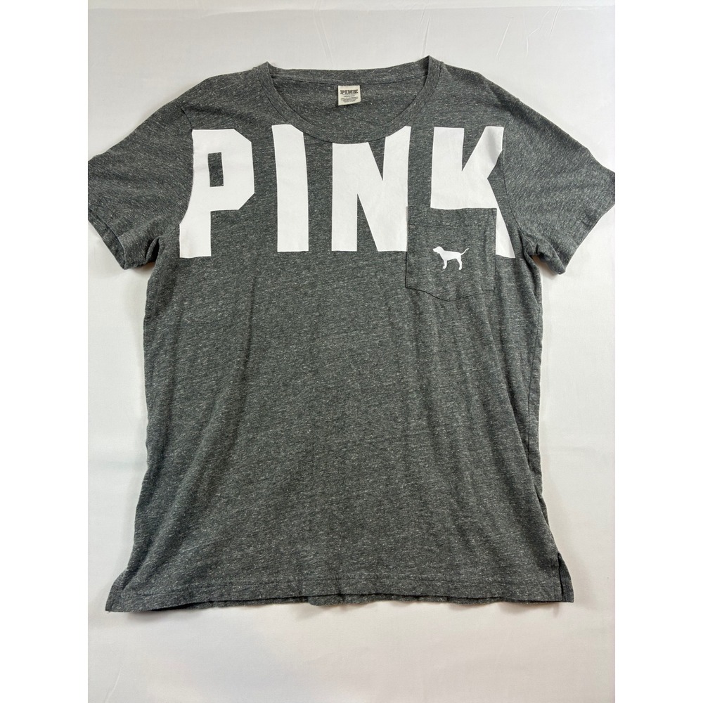 Victoria's Secret PINK Pocket T-Shirt Women Large Gray Graphic Short Sleeve Tee
